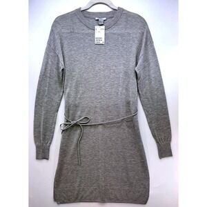 H&M Gray Knit Tie Waist Sweater Dress Sz S Minimalist Euro Summer Capsule Piece